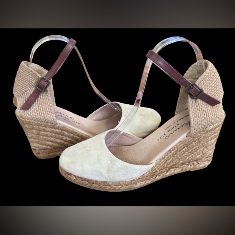 Giamo Anthro beige suede 3” wedge heel espadrilles w brwn lthr strp SZ 8 coastal